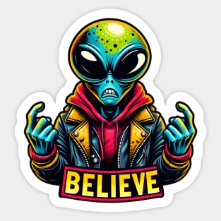 alien are real, alien with the text "Believe". Colorful design Sticker